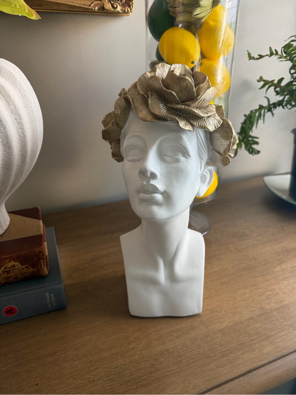 White Female Bust Statue with Gold Floral Headpiece